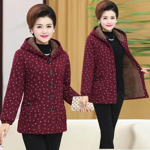 Middle-Aged Elderly Women Cotton Coat Parker Winter Jacket Plus velvet Padded Hooded Warm Jackets Female Overcoat Parkers 4XL