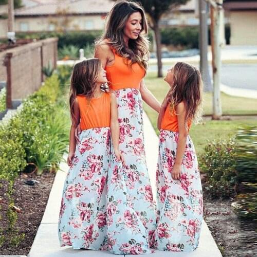 Mom and Daughter Dress Mother Daughter Dresses Mommy and Me Clothes Sleeveless Casual Patchwork Flower Long Dress
