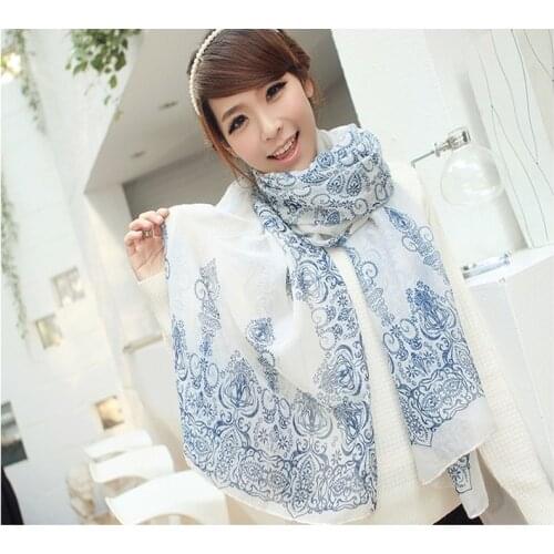 MATAVENI Printing Scarf Blue and White Porcelain Style Thin Section The Silk Floss Women Summer Scarf Shawl High Quality