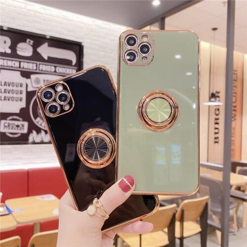 Stylish ElectroPlating Solid Color Phone Case For iPhone 12 11 Pro XS MAX XR X 7 8 Plus SE2020 Soft Finger Ring Back Cover Coque