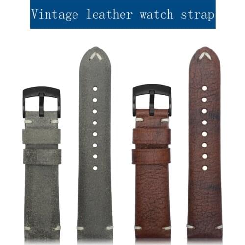 Vintage leather watch strap 22mm For Breitling Oris Montblanc Brown GrayWatchstrap Handmade Stitching Replacement Wristband