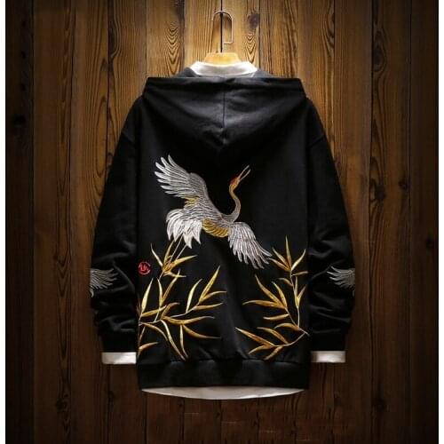 Japanese Streetwear Hoodies Teen MenS Clothing 2020 Winter Warm Pullover Sweatshirt Embroidery Crane Hoodies Hooded Male FF2947