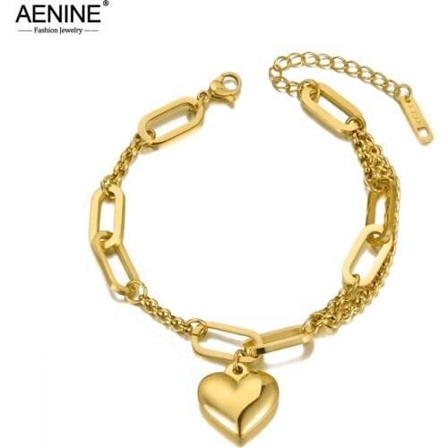 AENINE Fashion Bohemia 316L Stainless Steel Heart Charm Chain & Link Bracelets For Women Girls Браслеты С Подвесками AB20090