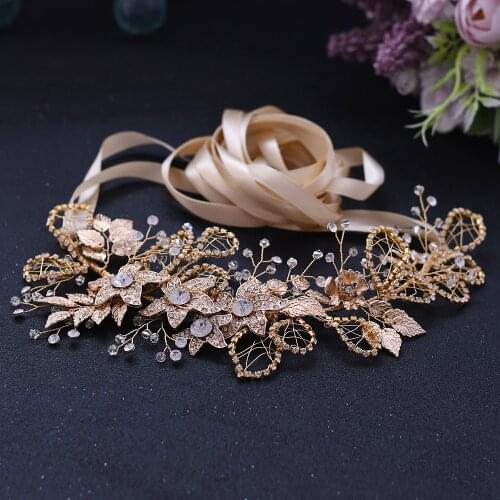 Golden Alloy Flower Wedding Belts Bridal Sashes with Rhinestone Jewel Belt for Girls Gold Crystal Dress Belts for Wedding Sashes