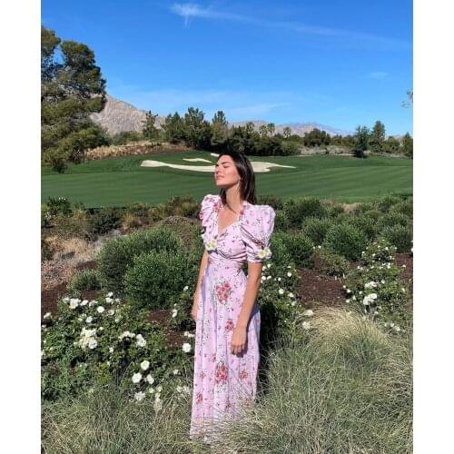 2021 New Fashion Female Long Dress,Summer Casual Flower Print V-Neck Short Puff Sleeve for Ladies, S/M/L/XL