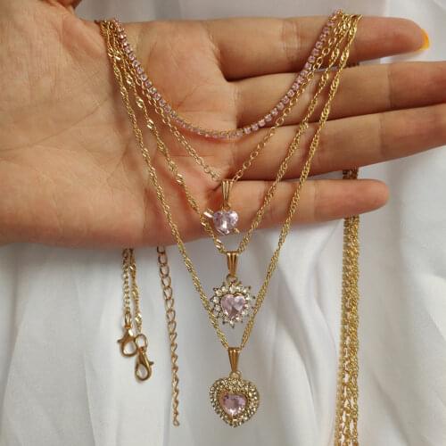 Flatfoosie Fashion Cute Heart Rhinestone Pendant Necklace For Women Multilayer Pink Crystal Chain Necklace Female Party Jewelry