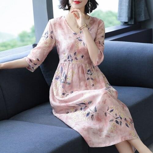 2021 Women Fashion Pink Floral Cotton Linen Midi Dress Summer Casual Vintage 3XL Plus Size Dress Elegant Bodycon Party Vestidos
