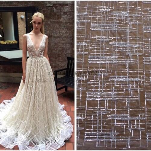 1 yard Fashion wedding dress off white/blue/pink sequins lace fabric 51'' width