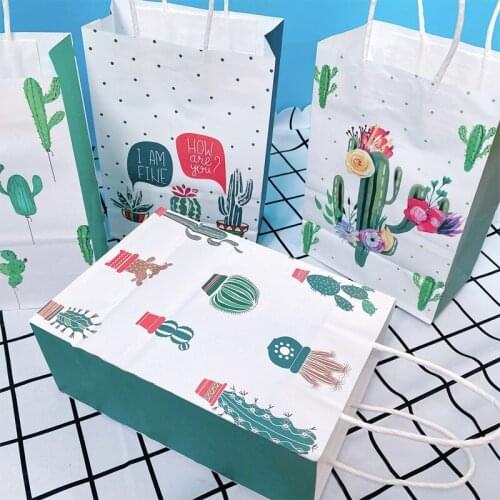 10pcs Cactus Paper Bag Plant Potted Cartoon Receptive Cake Stationery Portable Packaging DIY Birthday Gift 21*15*8cm