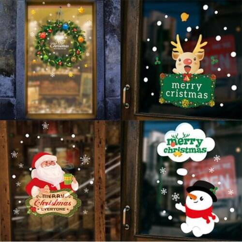 2020 Christmas Wreath Wall Stickers Window Glass Mural Decals Santa Claus Deer Art New Year Christmas Home Decoration