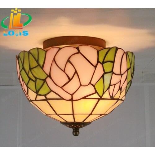 8 Inch Rose Glass Ceiling Lamp Tiffany Style Porch Aisle Corridor Art Lighting Stained Glass Balcony Bedroom Retro Lamp