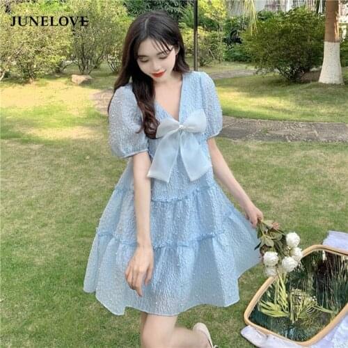 French Sweet Lolita Dress Women Elegant Chic Bow Puff Sleeve Fairy Mini Dresses Female Kawaii V-Neck Holiday Beach Party Dress