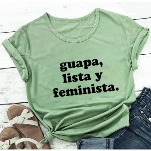Guapa Lista Y Feminista 100%Cotton Print Women Tshirt Spanish Shirt Funny Summer Casual O-Neck Short Sleeve Top Latina Gift