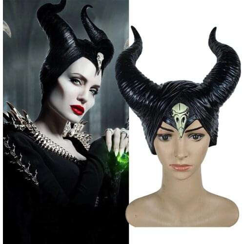 Hot Halloween Black Queen Cosplay Witch Horns Hat Headwear Mask Headgear Helmet Party Prop