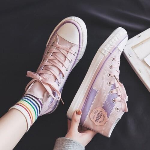 Pink Mixed Color High Top Canvas Shoes Women Designer Fashion Korean Platform Sneakers Casual Comfortable Creepers Shoes Black