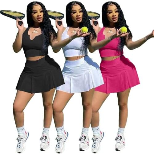 Echoine Solid Sleeveless Tank Top Pleated Mini Skirt Set Two Piece Set Tracksuit Sportwear Tennis Skirt Set Matching Set Summer