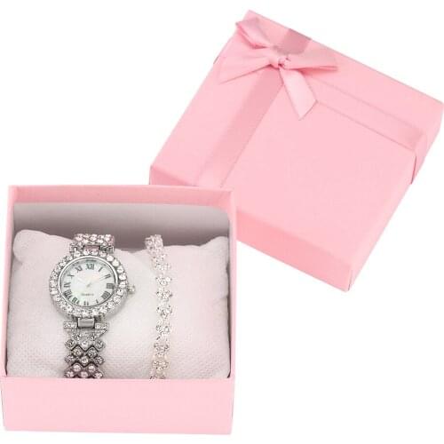 Fashion Women Gift Set Top Luxury Rhinestone Quartz Wrist Watch Ladies Bracelet Pink Box Gifts for Girlfriend Relogio Femenino