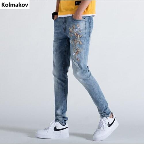 2019 mens fashion printed jeans straight blue jeans high quality pants nightclubs singers trousers men Big code skinny jeans