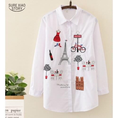 2021 NEW White Shirt Casual Wear Button Up Turn Down Collar Long Sleeve Cotton Blouse Embroidery Women Top Plus Size 5083 50