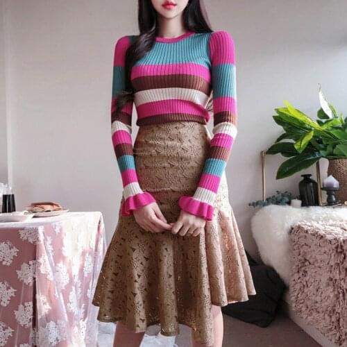 New arrival comfortable work style 2 pieces women sets striped knit bouncy sweater and lace skirt vintage elegant cute ol sets