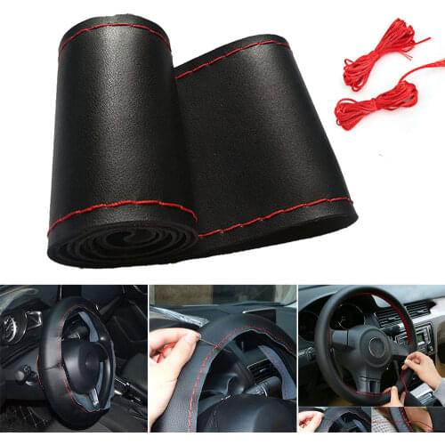 38cm DIY Car Steering Wheel Braid Cover Artificial Leather Anti-Slip Car Covers with Needles Thread Black+Red Car Styling Covers