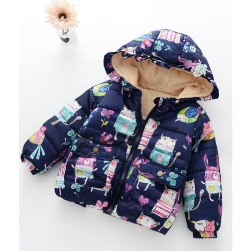 Autumn Winter Baby Girls Cartoon Cat Printed Jacket Coat Kids Warm Velvet Coats Children Girls Outerwear Coats Girls Clothes