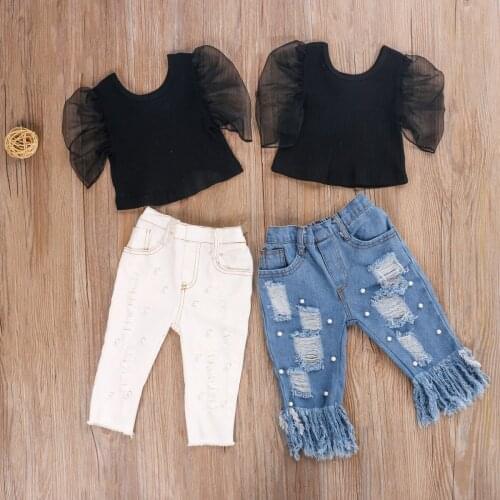 Pudcoco 2020 Infant Baby Girls Clothes Sets 1-5Y Puff Sleeve Solid T Shirts Tops Pearl Blue Denim Pants Ripped trousers 1-5Y