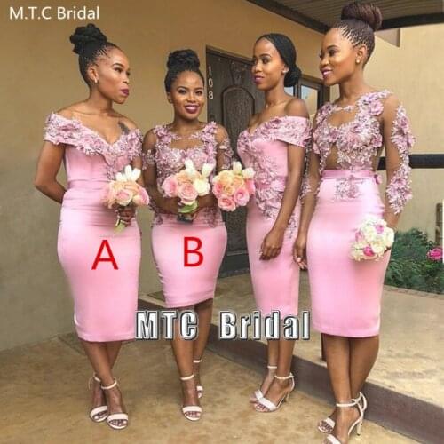 Pink Short Bridesmaid Dresses For African Women Long Sleeves Wedding Party Dress See Through Sheath Sexy Maid Of Honor Gowns