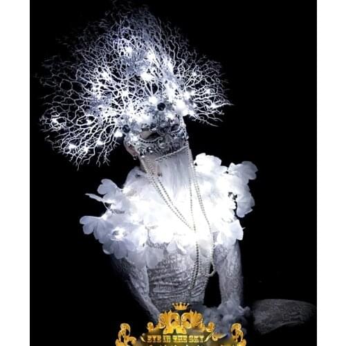 Sexy men DS White Branches White LED lights Costumes Dance Team Clothing Party Halloween Performance DJ Singer Dancer Outfit