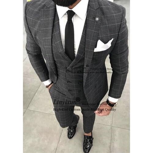 Autumn Fashion 3 Pieces Slim Fit Men Suits British Style Lattice Set Casual Tuxedo Groomsmen Costume Homme (Blazer+Pants+Vest )