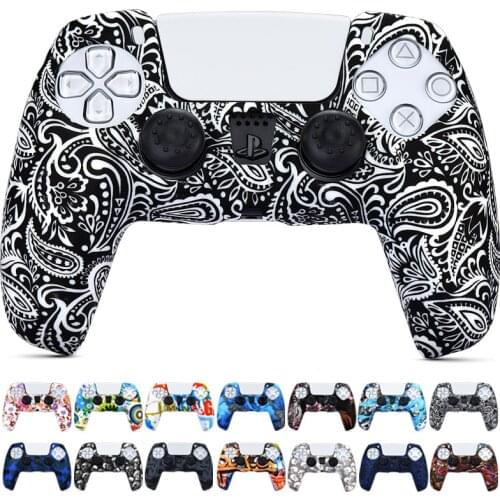 PS5 Water transfer Printing Silicone Protective Cover Skin Case for Sony Playstation5 Controller with PRO Thumb Grips x2