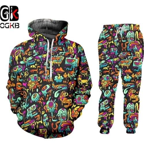 OGKB Hot Sale Casual 2 Piece Sets Monster Graffiti 3D Printing Harajuku Hoodies And Jogging Pants Plus Size Tracksuit Wholesale