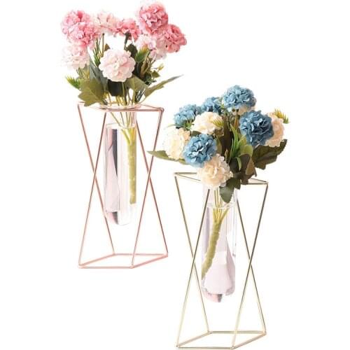 Nordic Table Glass Vase with Metal Frame, Hydroponics Vase for Home Decoration, Modern Decor Flower Vase