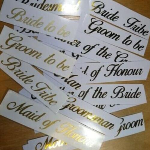 Wedding Vinyl Sticker Customised Text Decal DIY Gold Bottle Glass Label Bridesmaid Bride To Be Party Hanger Gift