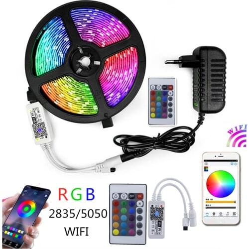 LED Strip Light WIFI APP RGB 5050 SMD 2835 Leds Flexible Ribbon Fita Led Light Strip 5M 10M 15M Tape Diode DC 12V Remote Adapter