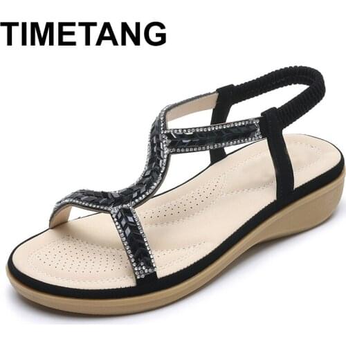 TIMETANG2020 New Rhinestone Women Sandals Big Size Retro Wild Flat Crystal Fashion Solid Ladies Summer Shoes Breathable Shoes