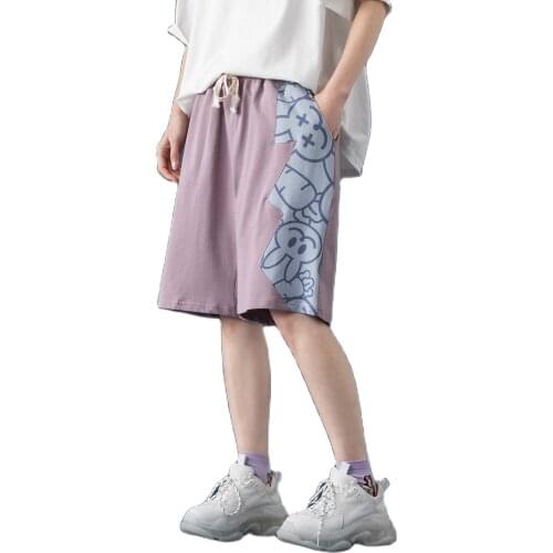 Hip Hop Shorts Mens Streetwear Knee Length Trousers 2021 Summer Rabbit Print Patchwork Harajuku Joggers Short Pants Loose Cotton