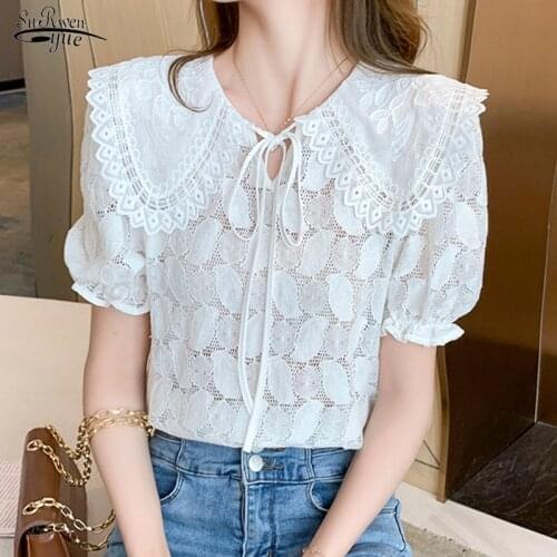 2021 Summer New Cotton Women Blouse Lace-Up Peter Pan Collar Shirt Embroidery Puff Short Sleeve Women Tops Clothes Blusas 15263