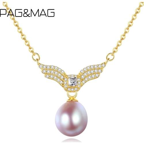 PAG&MAG Wing Design With Freashwater Pearls Pendant For Women 925 Sterling Silver Necklace Chain Fashion Jewelry Silver 925