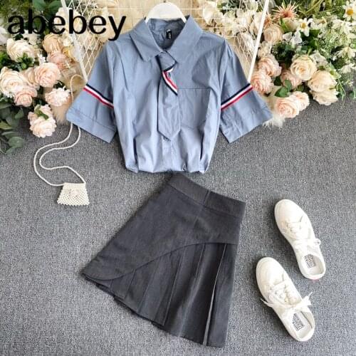 Women Summer Korean Fashion Set Casual Short Sleeve Blouses+High Waist Pleated Mini Skirts Two Piece Set 2021