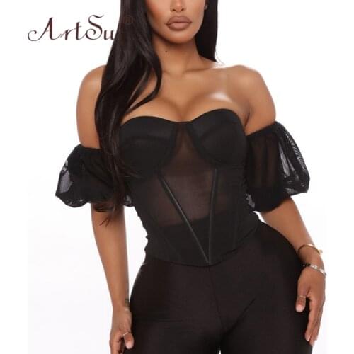 ArtSu Underwire Boned Corset Women Off Shoulder Mesh Blouses Black Pink Puff Sleeve Push Up See Through Sexy Crop Top Club Party