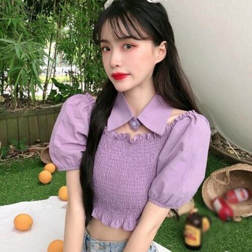 Women Top Sexy Blouse Off Shoulder Short Sleeve Solid Color Shirt Vintage Puff Sleeve Tunic Crop Top Summer Shirts