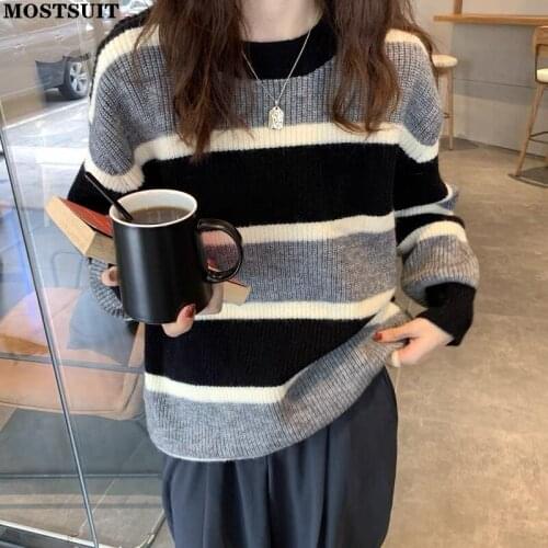 Vintage Striped Knitted Pullover Sweater Women Autumn Winter Full Sleeve O-neck Jumpers Casual Loose Thicken Ladies Tops 2021