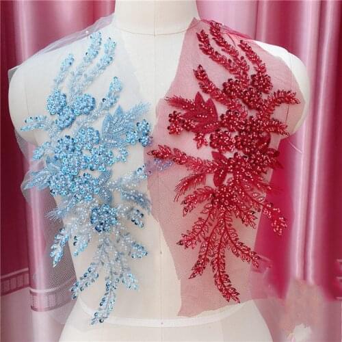 1 Piece Lace Applique Patch DIY Craft Blue Red Lace Appliques For Wedding Dresses 15x37cm Beads Fabric
