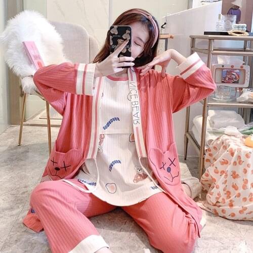 2020 Autumn Nursing Pajamas Korean Cotton Sexy 3Pcs/Set Maternity Sleepwear Postpartum Breastfeeding Pregnancy Nightwear