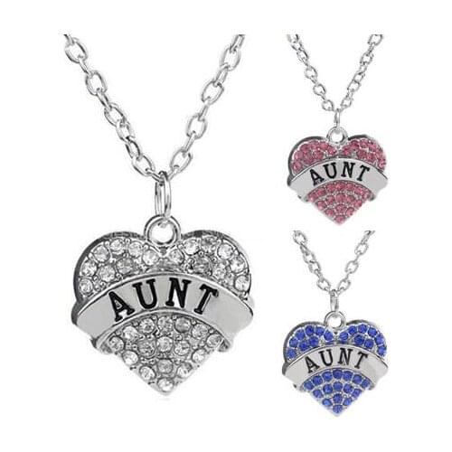5PCS/lot Clear Pink Blue Rhinestones Engraved Aunt Pendant Necklace Fashion Jewelrys For Women Holiday Gifts