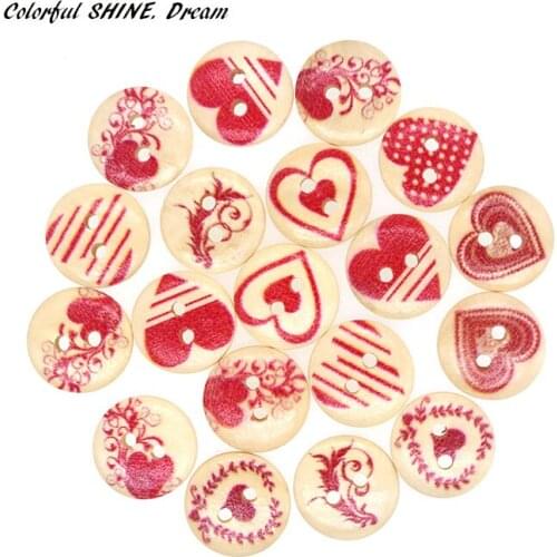 50PCs Wholesale Natural Wooden Buttons Round Red Heart Design Scrapbooking Sewing Accessories DIY Craft 2 Holes 15mm Dia