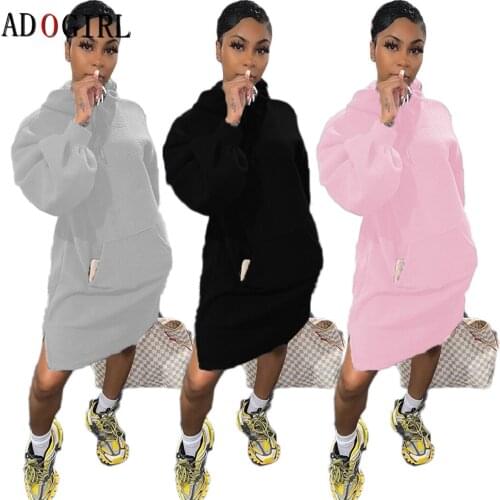 Adogirl Hoodies Sweatshirts Long Sleeve Dresses Women Solid Color Autumn Winter Baggy Pullover Oversized Clothes Plus Size