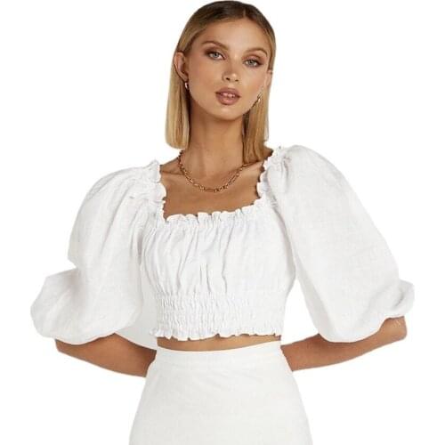 White Short Blouses for Women 2021 Summer New Style Bubble Sleeve Sexy Folds Slim Slimming Five-point Sleeve Top