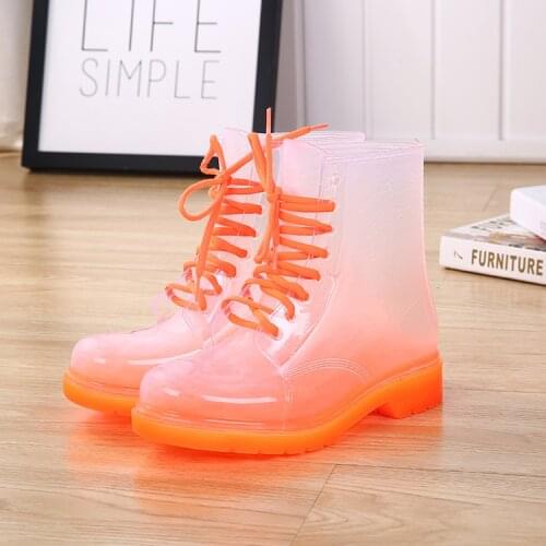 Ankle Rain Boots Platform Lace Up Transparent Waterproof Rain Shoes Motorcycle Candy Colors Rainboots Fashion Woman Shoes